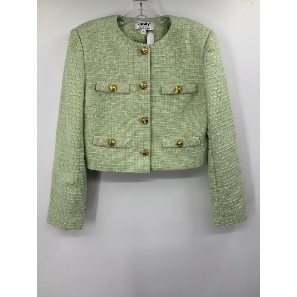 Nuuly x Ronny Kobo Women Green Tweed Cropped Jacket Gold Buttons Size M